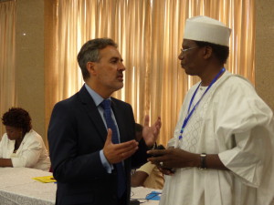 Professor Yusuf Abubakar, Executive Secretary of the Agricultural Research Council of Nigeria (left) with Dr George Mavrotas, Head of IFPRI's Abuja Office at the Workshop 2016 (c) Photo Credits Elisabeth Douglas