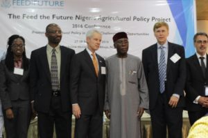 From Left to Right: IFPRI Director of the Development Strategy and Governance Division, Dr Paul Dorosh with the Honourable Minister for Agriculture and Rural Development, Chief Audu Innocent Ogbeh; Dr Hiroyuki Takeshima, Research Fellow, IFPRI; and Dr George Mavrotas, Chief Of Party of the Feed the Future Nigeria Agricultural Policy Project and Head of IFPRI Abuja Office.