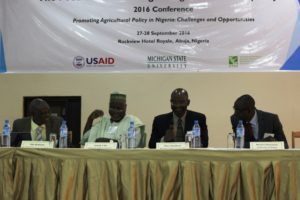 From Left to Right: Prof. Olu Ajakaiye Executive Chairman, African Center for Shared Development Capacity Building; Prof. Ismail Ilu, Executive Director, National Agriculture Extension and Research Liaison Services, Ahmadu Bello University; Prof. titus Awokuse, chair, Department of Agricultural Economics, Michigan State University; and Prof. Bolarin Omonona, University of Ibadan during the plenary session on Capacity Building for Agricultural Research and Policy in Nigeria.